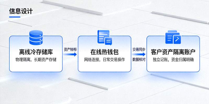 合规数字钱包分级托管模型示意图：展示离线冷存储库、在线热钱包与客户资产隔离账户之间的关系