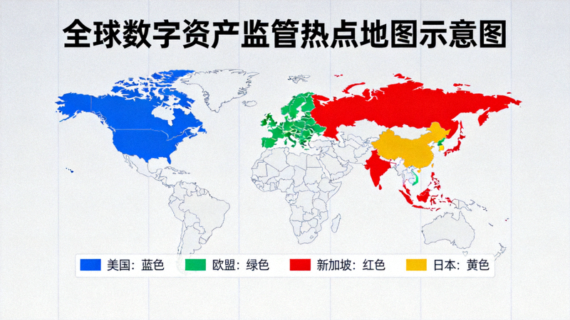 全球数字资产监管热点地图示意图：用不同颜色高亮标出美国、欧盟、新加坡、日本等主要监管区域