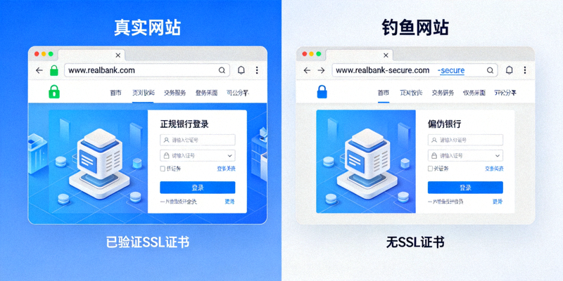 钓鱼攻击示例图：展示真实网站和钓鱼网站的细微差别，如域名、SSL证书等