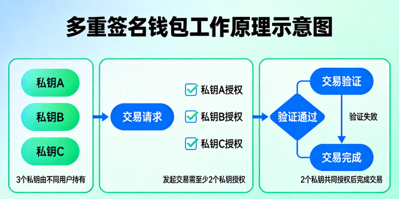 多重签名钱包工作原理示意图：展示3个私钥中需要2个共同授权才能完成交易的流程