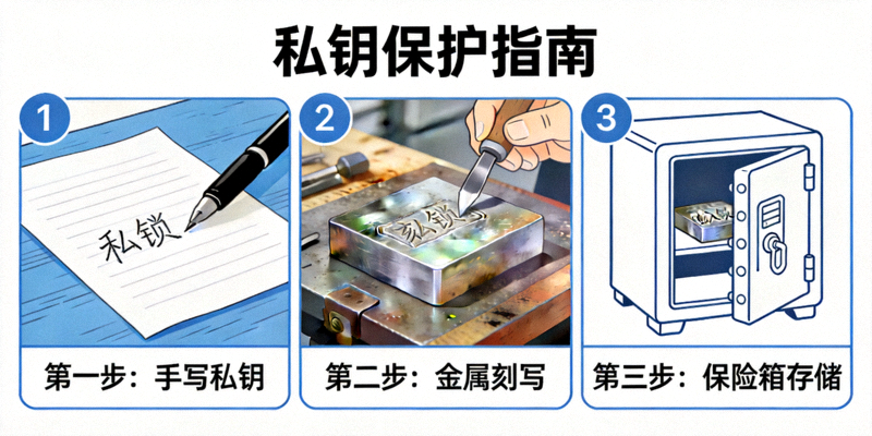 私钥保护指南示意图：展示如何将私钥写在纸上、刻在金属板上并存放在保险箱中