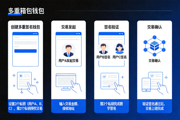 多重签名钱包工作原理示意图，展示了需要多个私钥共同授权才能完成交易的流程