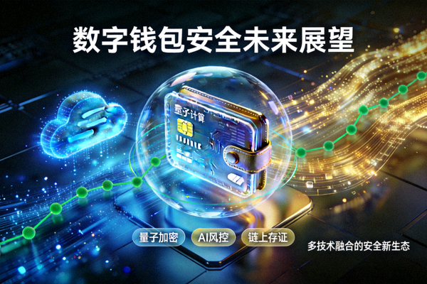 数字钱包安全未来展望概念图，展示了量子计算、人工智能、区块链等技术融合的未来场景
