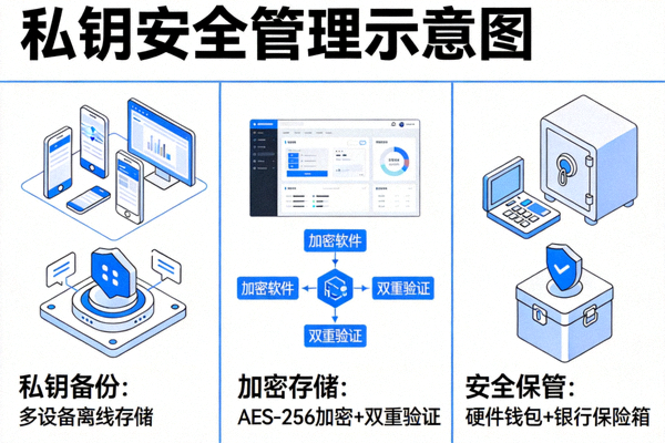 私钥安全管理示意图，展示了私钥备份、加密存储和安全保管的不同方法
